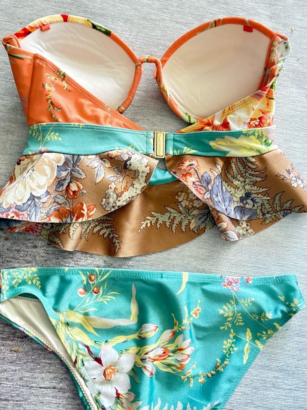Zimmermann Floral Ruffled Bikini Top & Briefs in Aqua, Coral, Tan - Picture 4 of 5